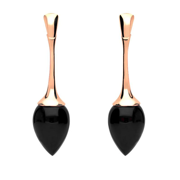 9ct Rose Gold Whitby Jet Long Flute Pear Drop Earrings E1461