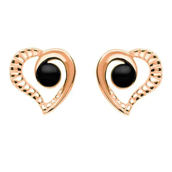 9ct Rose Gold Whitby Jet Ridged Heart Two Piece Set S021