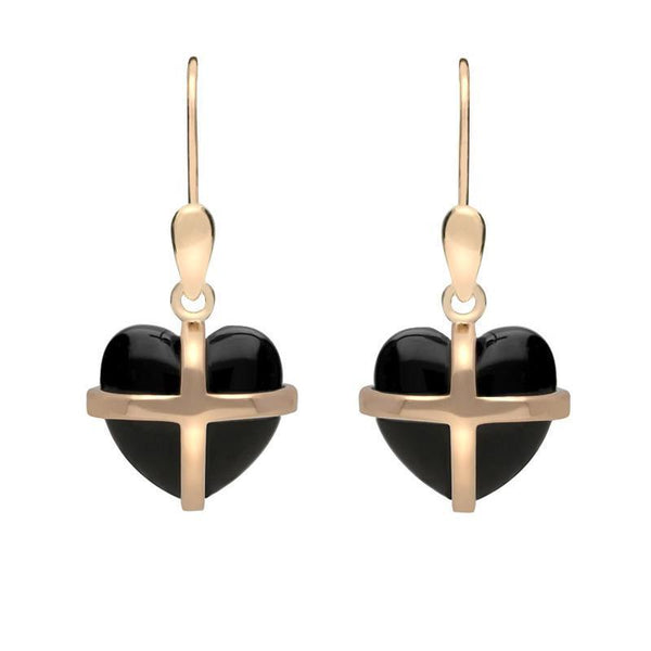 9ct Rose Gold Whitby Jet Small Cross Heart Drop Earrings E1287