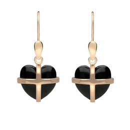 9ct Rose Gold Whitby Jet Small Cross Heart Drop Earrings E1287