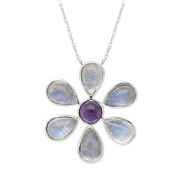 9ct White Gold Amethyst Moonstone Six Petal Flower Necklace PUNQ0001239