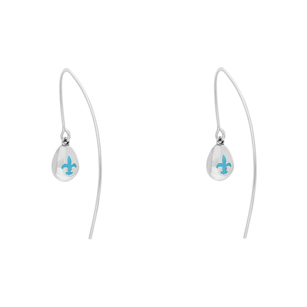 9ct White Gold Turquoise Fleur De Lis Disc Drop Earrings, E1373.