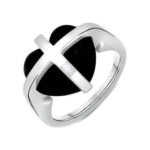 9ct White Gold Whitby Jet Cross Heart Ring R628 