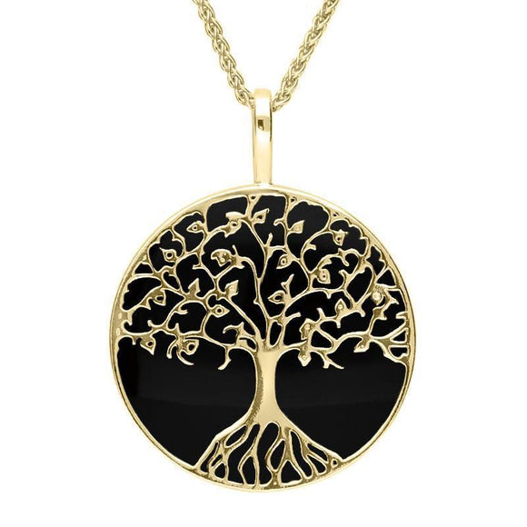 9ct Yellow Gold Whitby Jet Round Tree Of Life Necklace P3146