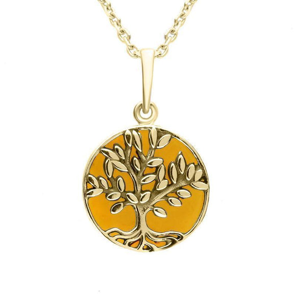 9ct Yellow Gold Amber Round Large Leaves Tree of Life Two Piece Set S062