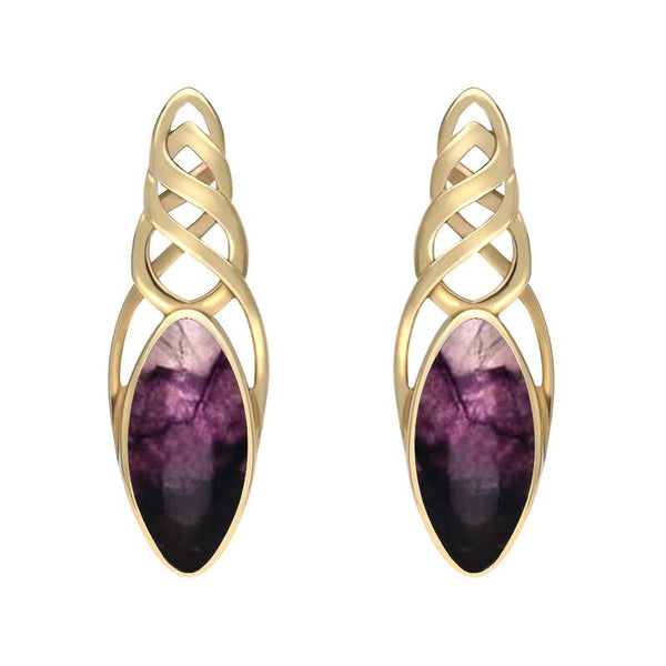 9ct Yellow Gold Blue John Celtic Long Marquise Stud Earrings. E994.