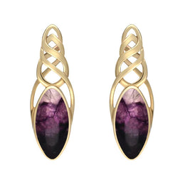 9ct Yellow Gold Blue John Celtic Long Marquise Stud Earrings. E994.