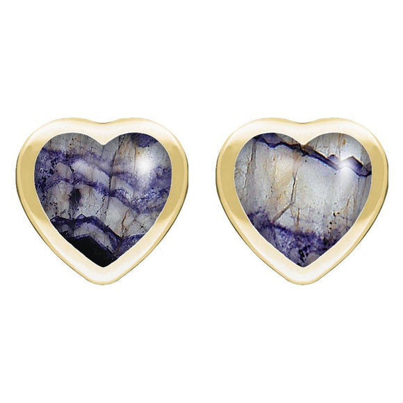 9ct Yellow Gold Blue John Large Framed Heart Stud Earrings. E433.