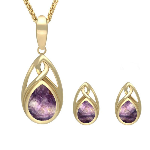 9ct Yellow Gold Blue John Pear Celtic Two Piece Set S055
