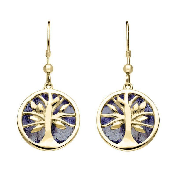 9ct Yellow Gold Blue John Round Tree of Life Drop Earrings E2485