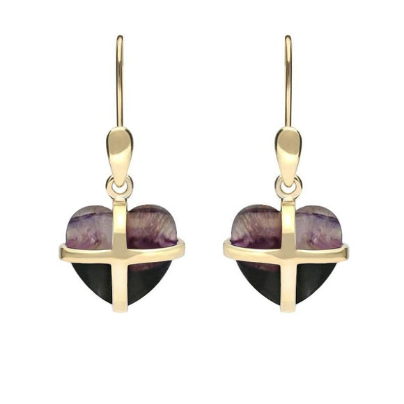 9ct Yellow Gold Blue John Small Cross Heart Drop Earrings E1287