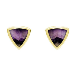 9ct Yellow Gold Blue John Small Curved Triangle Stud Earrings. E061. 