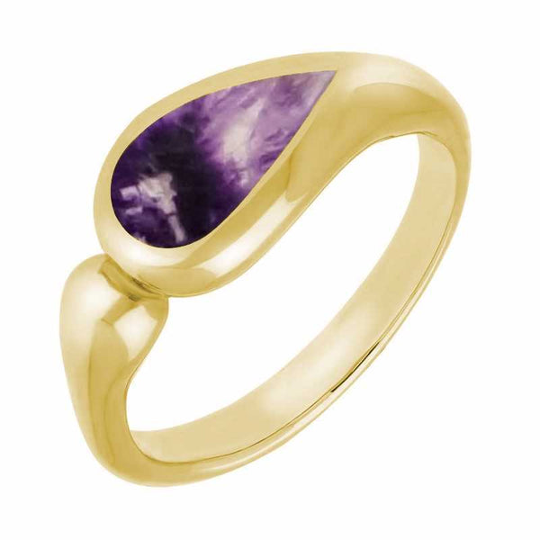 9ct Yellow Gold Blue John Toscana Offset Teardrop Ring. R514.