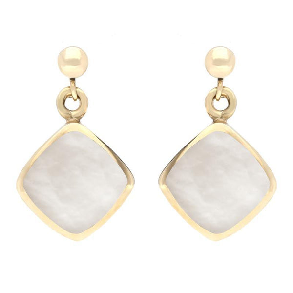 9ct Yellow Gold Mother of Pearl Cushion Drop Earrings. E227. 