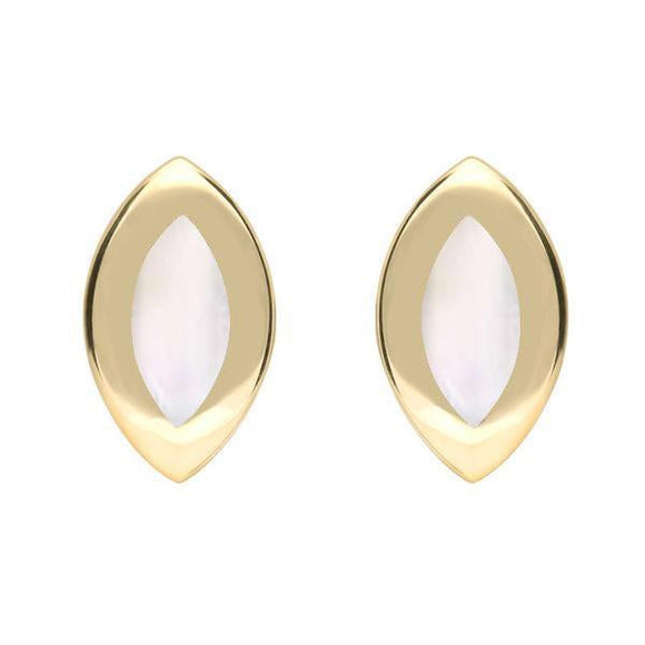 9ct Yellow Gold Mother of Pearl Framed Marquise Stud Earrings. E561.