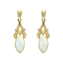 9ct Yellow Gold Mother of Pearl Marquise Drop Earrings. E075.