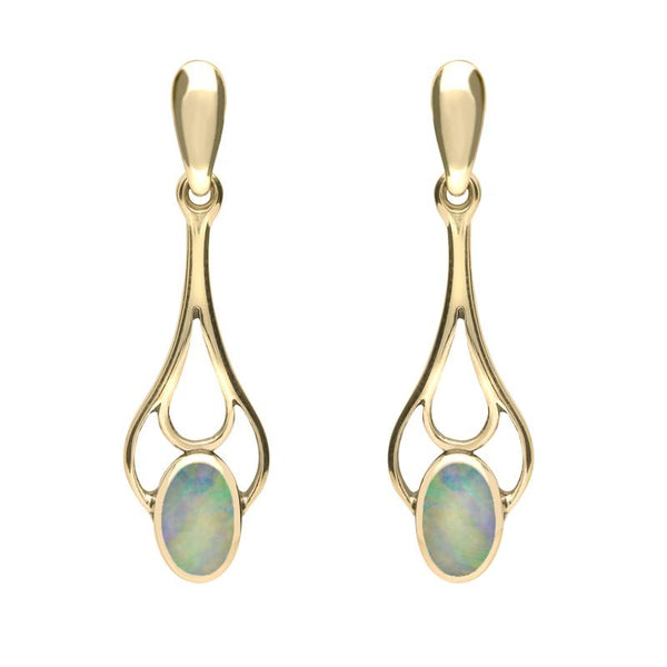 9ct Yellow Gold Opal Spoon Drop Earrings. E138.
