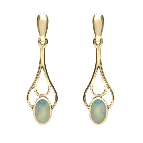 9ct Yellow Gold Opal Spoon Drop Earrings. E138.