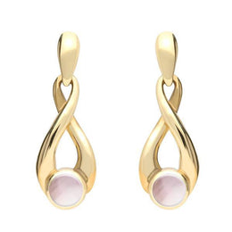 9ct Yellow Gold Pink Mother of Pearl Eternity Loop Drop Earrings. E074. 