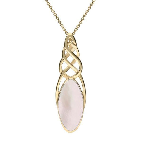 9ct Yellow Gold Pink Mother of Pearl Long Marquise Celtic Necklace P1391