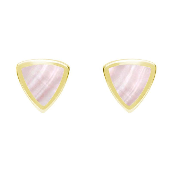 9ct Yellow Gold Pink Mother of Pearl Small Curved Triangle Stud Earrings. E061. 