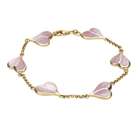 9ct Yellow Gold Pink Mother of Pearl Split Heart Bracelet. B360.