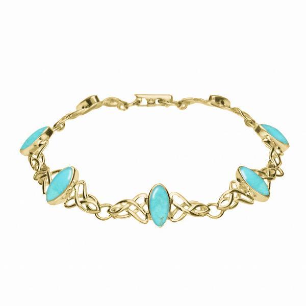 9ct Yellow Gold Turquoise Marquise Shaped Celtic Bracelet. B594.