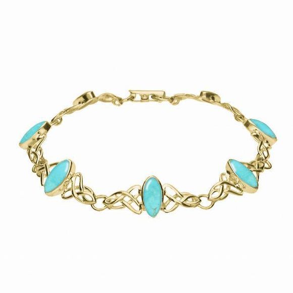 9ct Yellow Gold Turquoise Marquise Shaped Celtic Bracelet. B594.