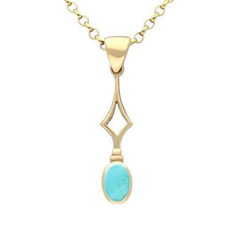9ct Yellow Gold Turquoise Oval Drop Necklace. P166.