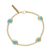 9ct Yellow Gold Turquoise Oval Fleur De Lis Detail Four Stone Bracelet, B798.