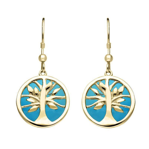 9ct Yellow Gold Turquoise Round Tree of Life Drop Earrings E2485