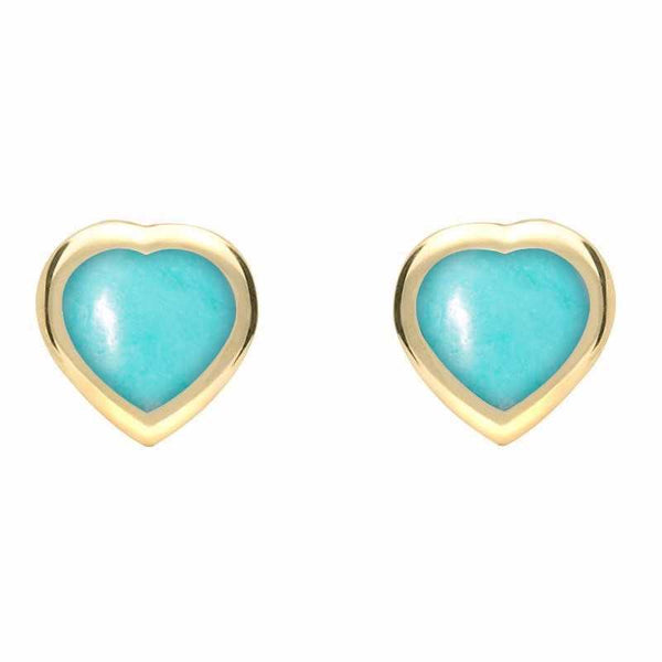 9ct Yellow Gold Turquoise Small Framed Heart Stud Earrings. E763.