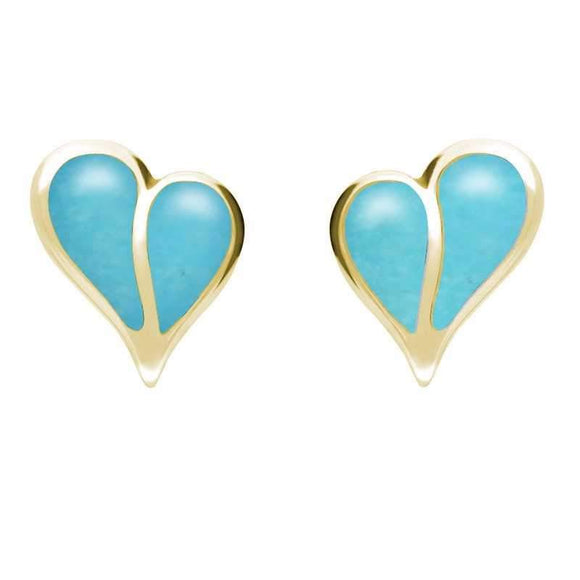 9ct Yellow Gold Turquoise Split Heart Stud Earrings. E364.