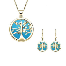 9ct Yellow Gold Turquoise Medium Round Tree of Life Two Piece Set S065