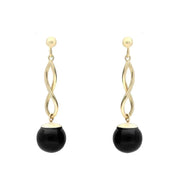 9ct Yellow Gold Whitby Jet 8mm Bead Twist Drop Earrings. E1481.