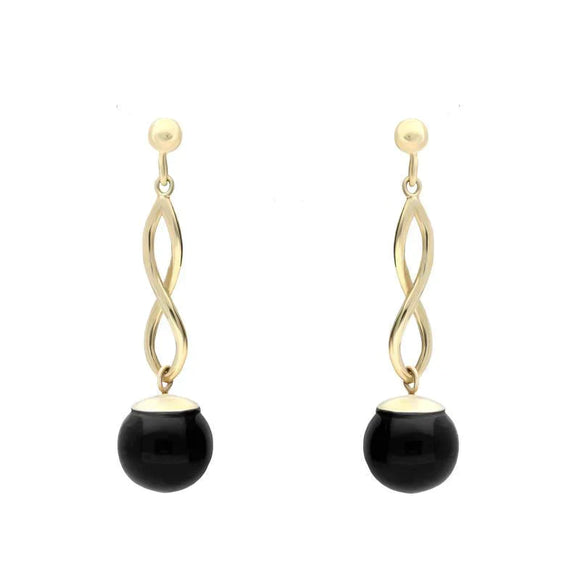 9ct Yellow Gold Whitby Jet 8mm Bead Twist Drop Earrings. E1481.