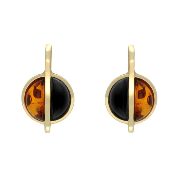 9ct Yellow Gold Whitby Jet Amber Semi Circle Long Top Stud Earrings E1030