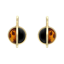 9ct Yellow Gold Whitby Jet Amber Semi Circle Long Top Stud Earrings E1030
