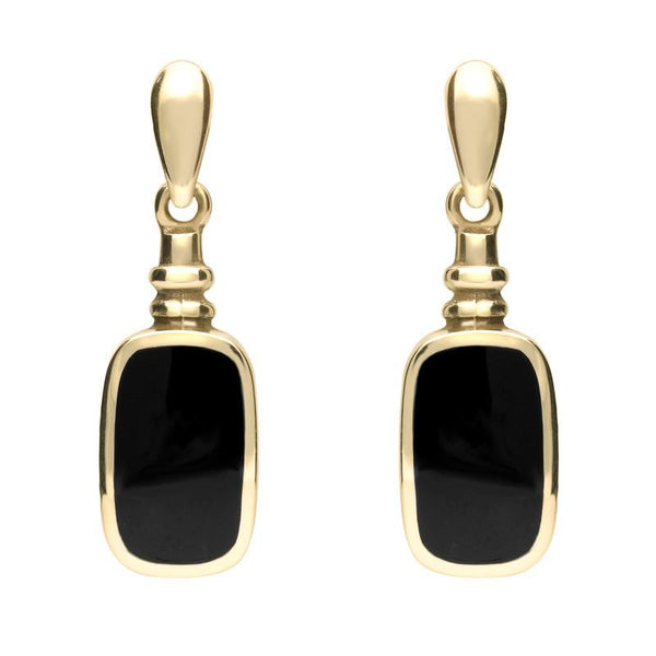 9ct Yellow Gold Whitby Jet Oblong Bottle Top Drop Earrings. E055.