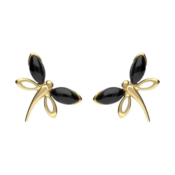 9ct Yellow Gold Whitby Jet Butterfly Stud Earrings E1898.