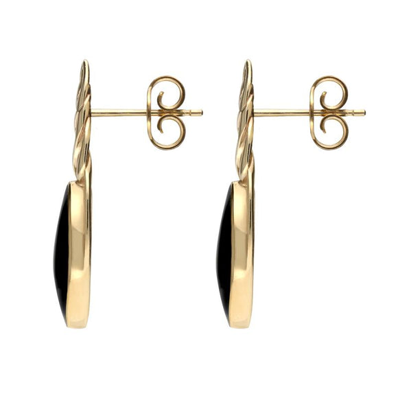 9ct Yellow Gold Whitby Jet Celtic Long Marquise Stud Earrings, E994.