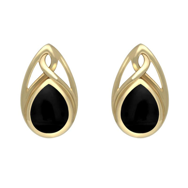 9ct Yellow Gold Whitby Jet Celtic Twist Drop Stud Earrings E973