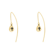 9ct Yellow Gold Whitby Jet Cross Disc Drop Earrings, E1374.