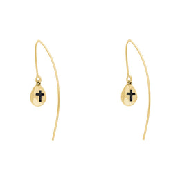 9ct Yellow Gold Whitby Jet Cross Disc Drop Earrings, E1374.