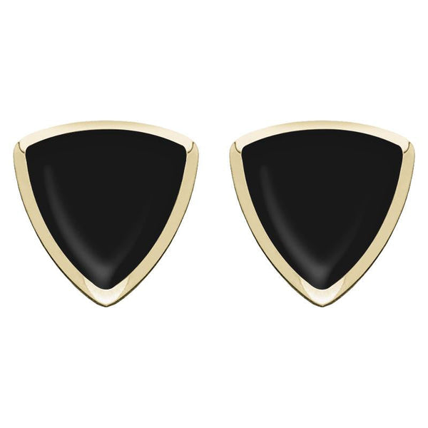 9ct Yellow Gold Whitby Jet Curved Triangle Stud Earrings. E203.