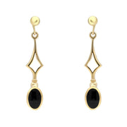 9ct Yellow Gold Whitby Jet Diamond Shape Oval Drop Earrings. E143.