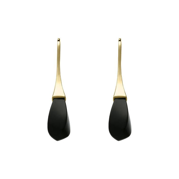 9ct Yellow Gold Whitby Jet Drop Hook Earrings, E2439.