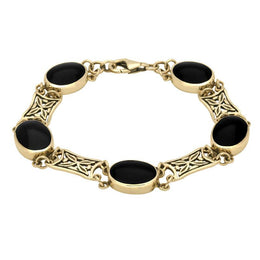 9ct Yellow Gold Whitby Jet Five Stone Pierced Oval Bracelet B024