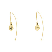 9ct Yellow Gold Whitby Jet Fleur De Lis Disc Drop Earrings, E1373.