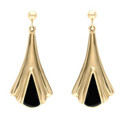 9ct Yellow Gold Whitby Jet Fleur Triangle Drop Earrings E064